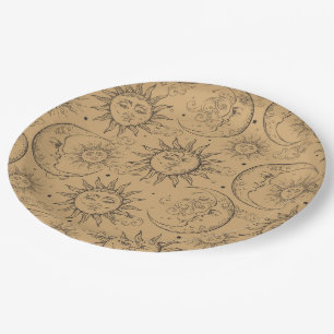 Assiettes En Carton Tan Beige Vintage Céleste Soleil Lune Étoiles Fête