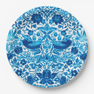 Assiettes En Carton Tapisserie Art Nouveau Oiseau et Fleur, Bleu & Bla