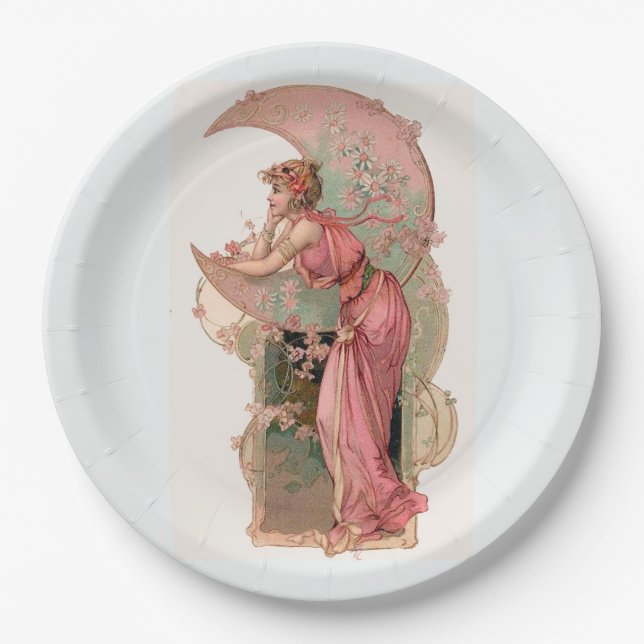 ASSIETTES EN CARTON TAROTS/ LADY DE LA LUNE, FLEURS EN PAPIER ROSE P (Devant)