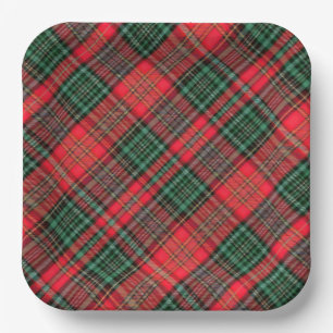Assiettes En Carton Tartan à carreaux diagonaux écossais rouge et vert