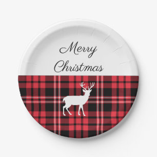 Assiettes En Carton Tartan carreaux rouge Noël cerf blanc