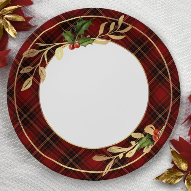 Assiettes En Carton Tartan de Noël rouge classique, Feuilles Holly & G (Créateur téléchargé)