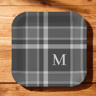 Assiettes En Carton Tartan gris de charbon foncé plaqué avec Monogramm