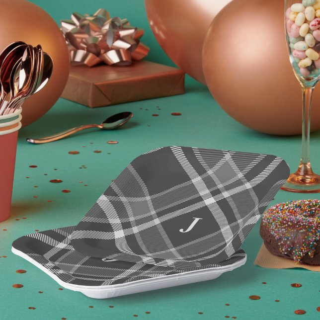 Assiettes En Carton Tartan gris de charbon foncé plaqué avec Monogramm (Créateur téléchargé)