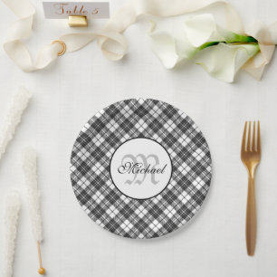 Assiettes En Carton Tartan motif Noël noir blanc Monogramme