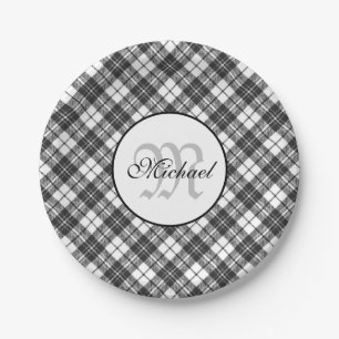 Assiettes En Carton Tartan motif Noël noir blanc Monogramme
