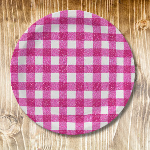 Assiettes En Carton Tartan Pailleté Rose Élégant sur Fond Blanc