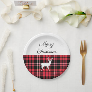 Assiettes En Carton Tartan Plaid Red Christmas White Deer