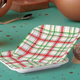 Assiettes En Carton Tartan plat de Noël - Blanc
