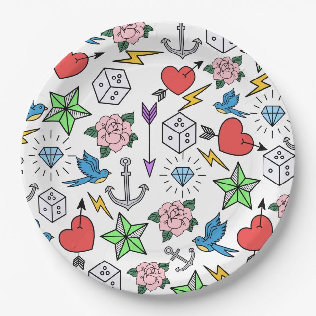 Assiettes En Carton Tatouage de la vieille école (Devant)