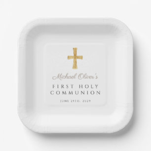 Assiettes En Carton Taupe Script Cross Boy First Communion