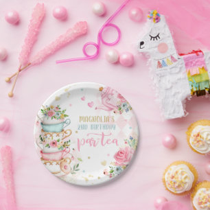 Assiettes En Carton Tea Party Anniversaire Fille Rose & Or Floral Par 