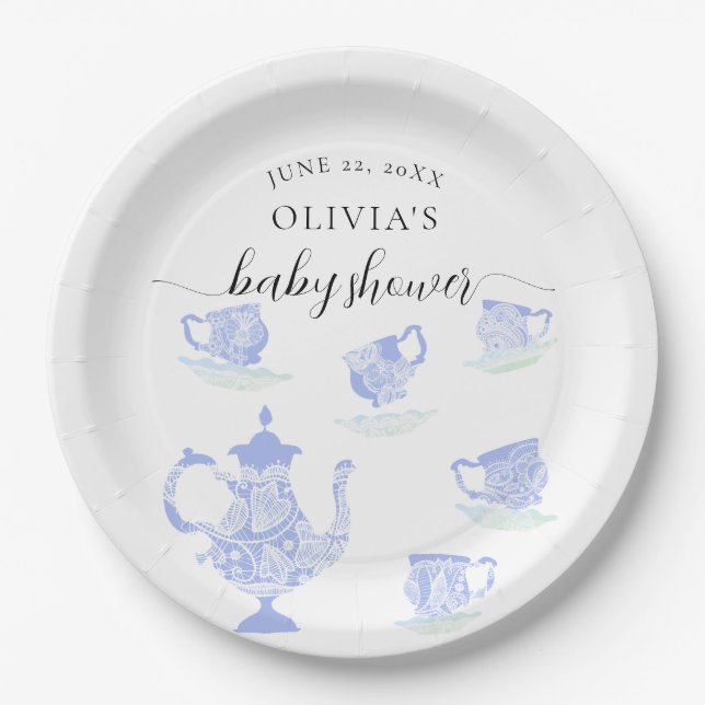 Assiettes En Carton Tea Party Blue Chine Dentelle Sweet Boy Baby showe (Devant)