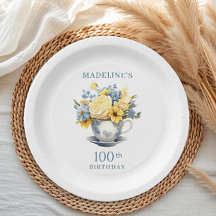 Assiettes En Carton Teacup Fleurs Bleues Jaunes 100e anniversaire