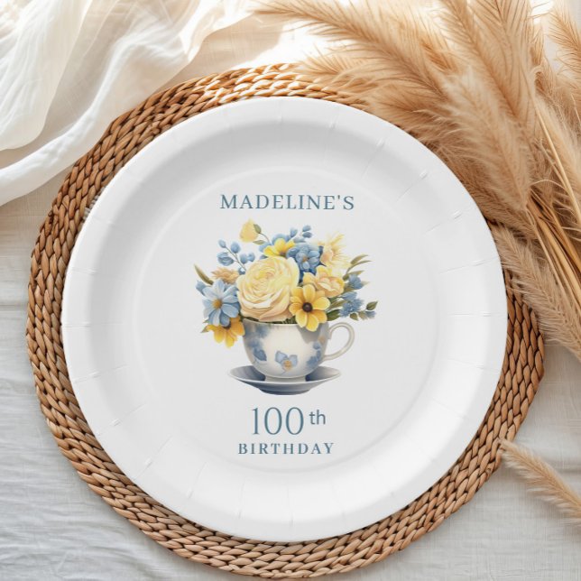 Assiettes En Carton Teacup Fleurs Bleues Jaunes 100e anniversaire (Blue teacup and yellow floral 100th birthday party paper plate)