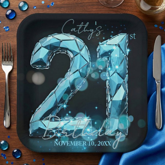 Assiettes En Carton Teal Blue Diamond Crystal 21st Birthday Black (Créateur téléchargé)