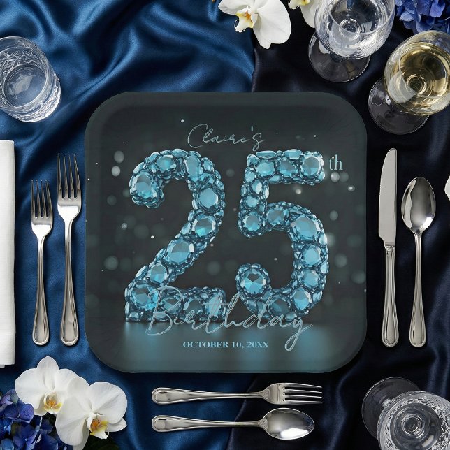Assiettes En Carton Teal Blue Diamonds Glamorous 25th Birthday Party (Créateur téléchargé)