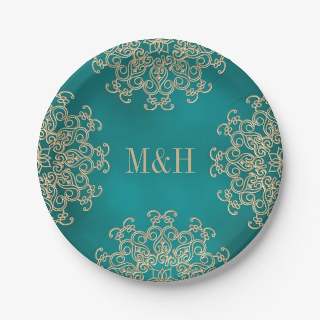 Assiettes En Carton Teal décoré d'un monogramme et mariage indien de (Devant)