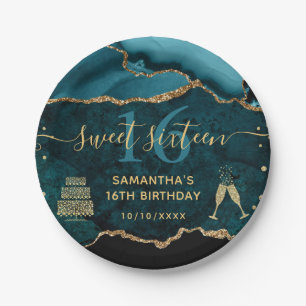 Assiettes En Carton Teal & Gold Faux Glitter Agate Marble Douze ans