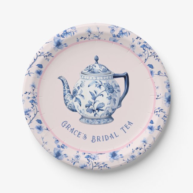 Assiettes En Carton Teapot Chinoiserie rose et bleu | Thé nuptial (Devant)