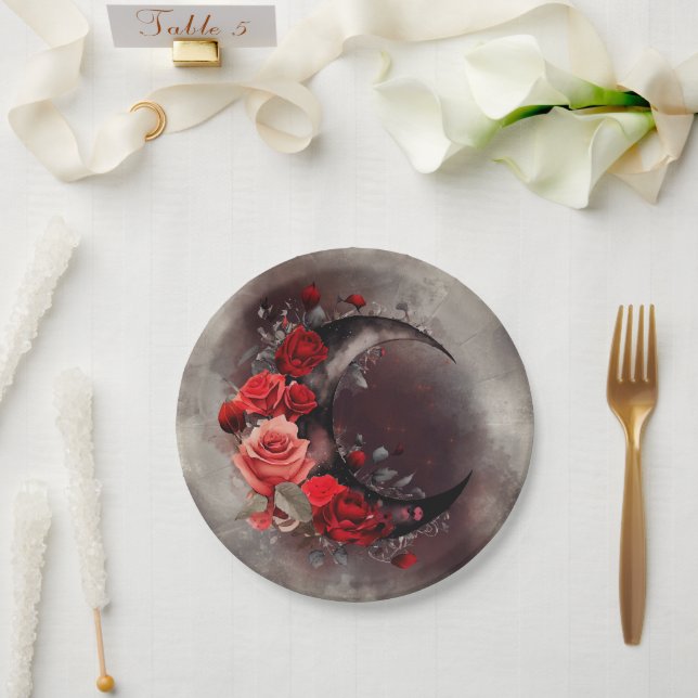 Assiettes En Carton Técherie | Lune de croissant avec des roses rouges (Mariage)