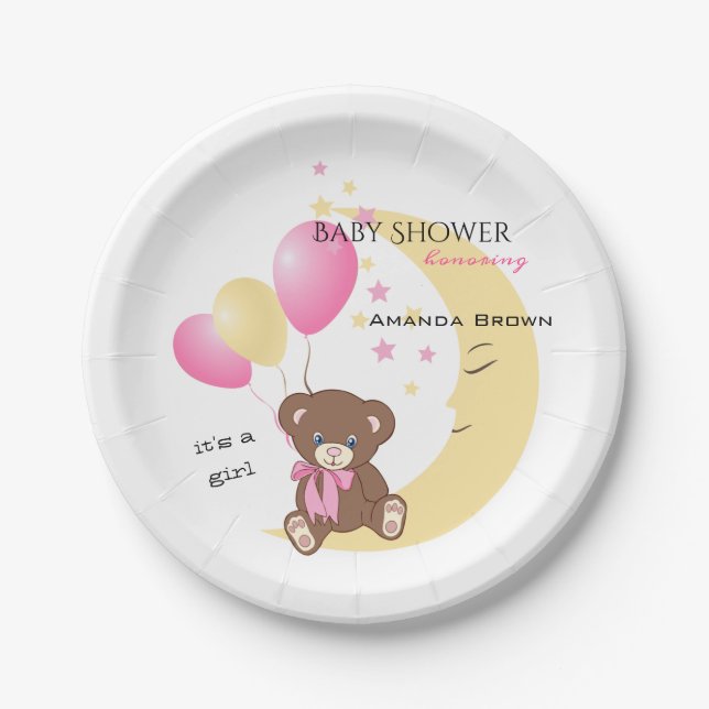 Assiettes En Carton Teddy Bear assis sur la Lune | Baby Girl Shower (Devant)
