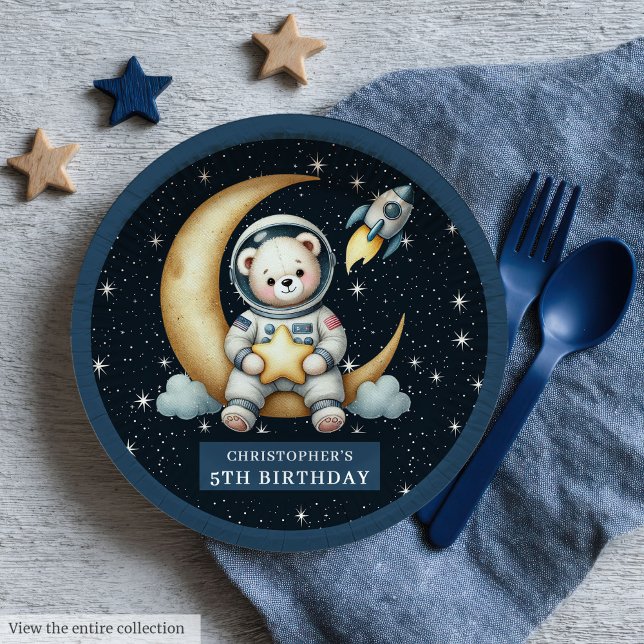 Assiettes En Carton Teddy Bear Astronaut Baby shower spatial Plaque en (Teddy Bear Astronaut Space Baby Shower Paper Plates)