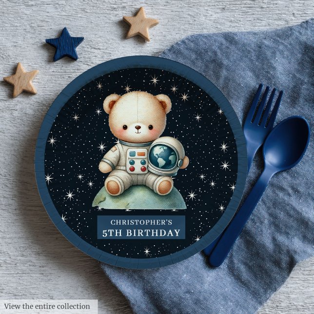 Assiettes En Carton Teddy Bear Astronaut Nom personnalisé Plaque de Ba (Teddy Bear Astronaut Custom Name Baby Shower Plates)