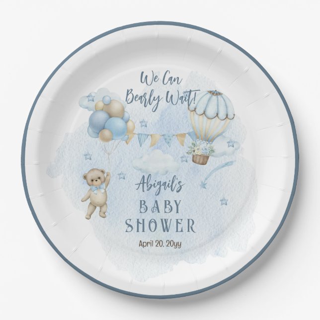 Assiettes En Carton Teddy Bear Balloons Garçon Bearly Wait Baby shower (Devant)