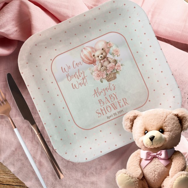 Assiettes En Carton Teddy Bear Balloons Girl Bearly Wait Baby shower (Teddy Bear in a Hot Air Balloon with Pink Flowers  Girl Baby Shower Square Paper Plate)