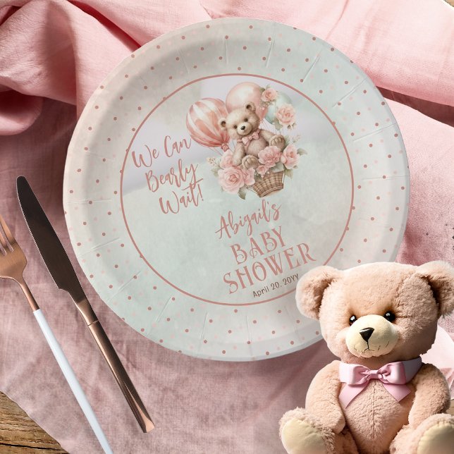 Assiettes En Carton Teddy Bear Balloons Girl Bearly Wait Baby shower (Teddy Bear in a Hot Air Balloon with Pink Flowers  Girl Baby Shower Paper Plates)