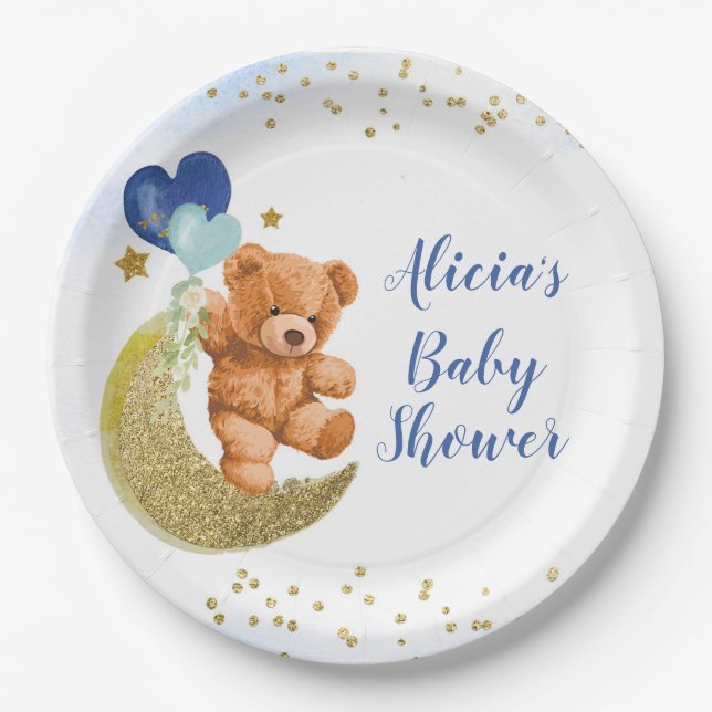 Assiettes En Carton Teddy Bear Blue Balloon Baby shower plaque papier (Devant)