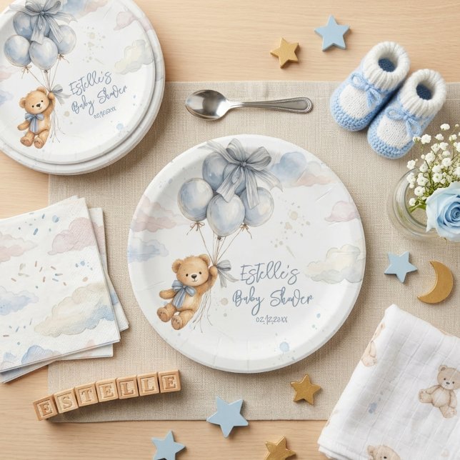 Assiettes En Carton  Teddy Bear Blue Balloons Clouds Baby Boy (Créateur téléchargé)