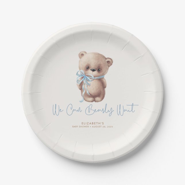 Assiettes En Carton Teddy Bear Brown et Baby shower bleu (Devant)