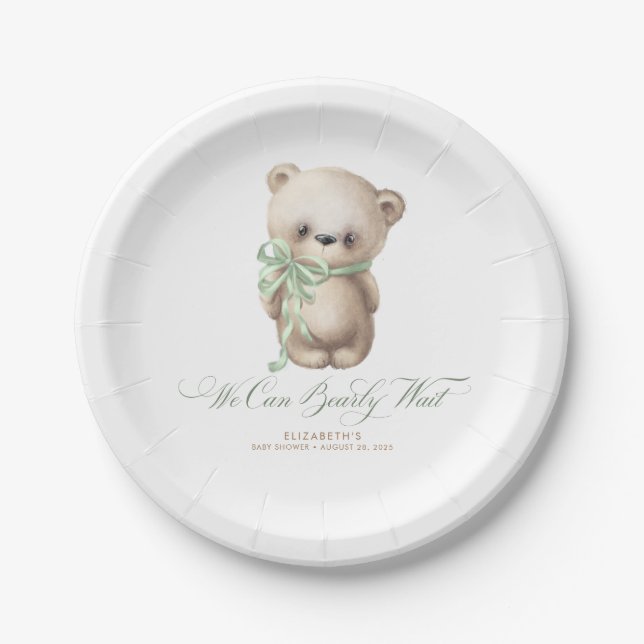Assiettes En Carton Teddy Bear Brown et Sage Baby shower (Devant)