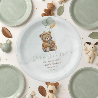 Assiettes En Carton Teddy Bear Brown Sage Green Balloons Baby