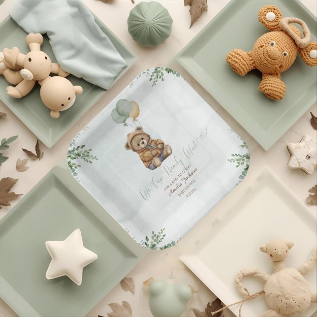 Assiettes En Carton Teddy Bear Brown Sage Green Balloons Baby (Créateur téléchargé)