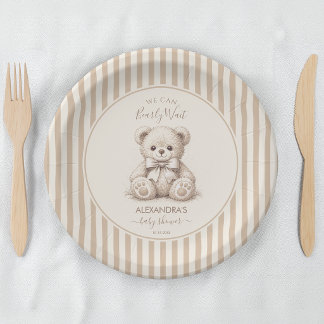 Assiettes En Carton Teddy Bear & Brown Stripes Bearly Wait Baby Shower