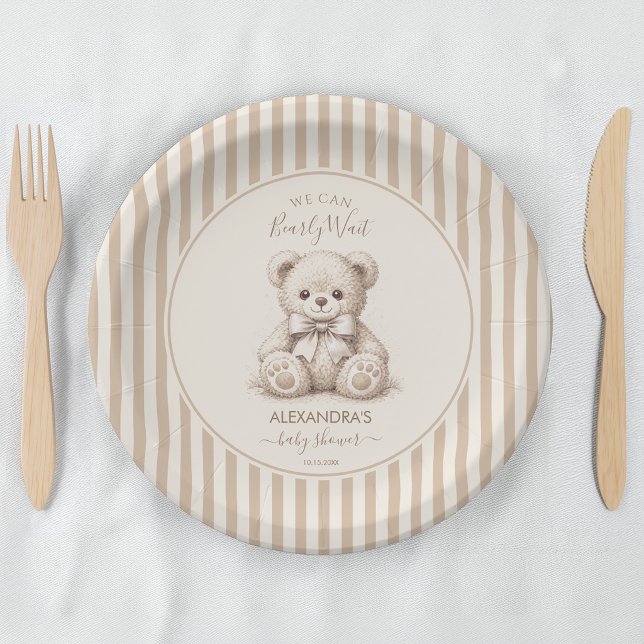 Assiettes En Carton Teddy Bear & Brown Stripes Bearly Wait Baby Shower (Créateur téléchargé)