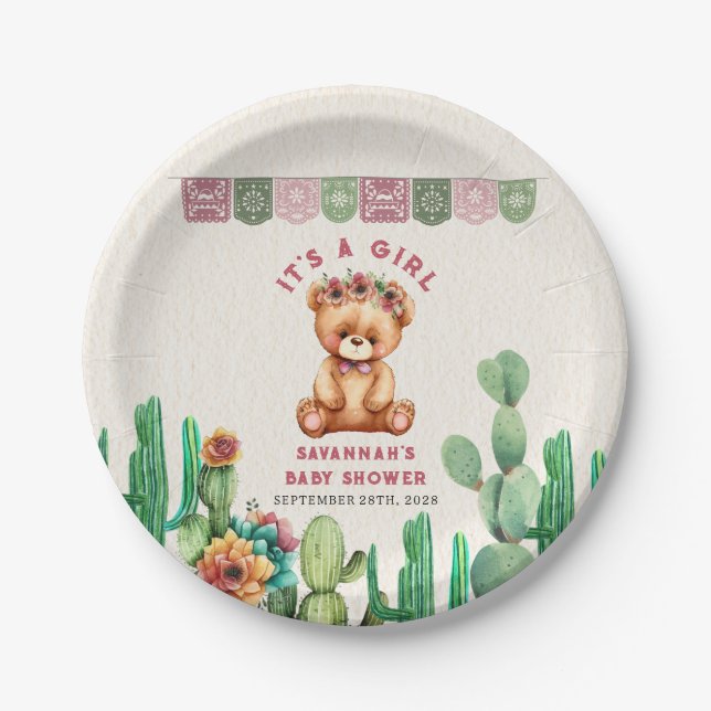 Assiettes En Carton Teddy Bear Cactus Fille Baby shower Fiesta (Devant)