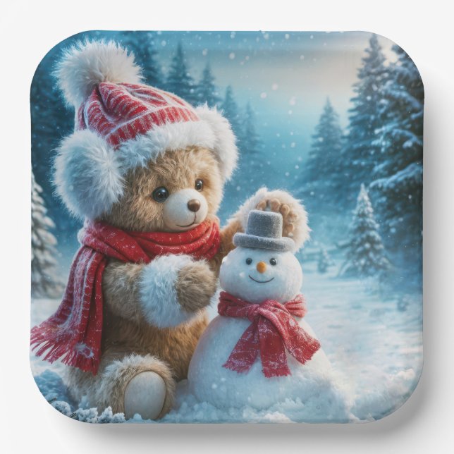 Assiettes En Carton Teddy Bear Construire un Snowman (Recto)
