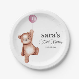 Assiettes En Carton Teddy Bear Girl First Birthday Party