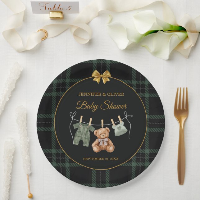 Assiettes En Carton Teddy Bear Green Plaid Baby Shower (Mariage)