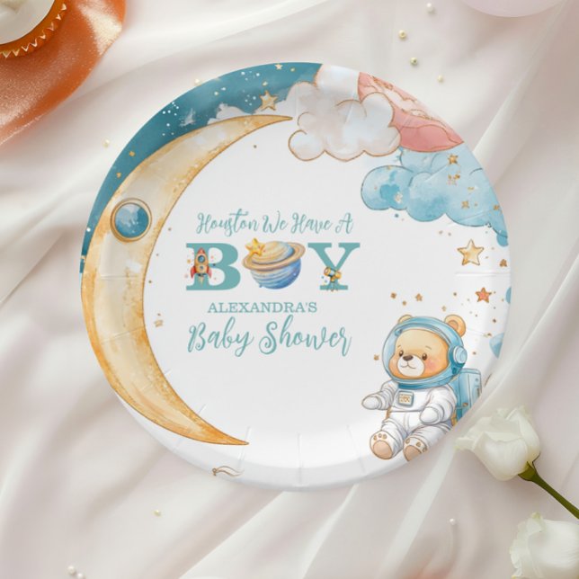 Assiettes En Carton Teddy Bear Houston Nous Avons Un Garçon Espace Ext (Créateur téléchargé)