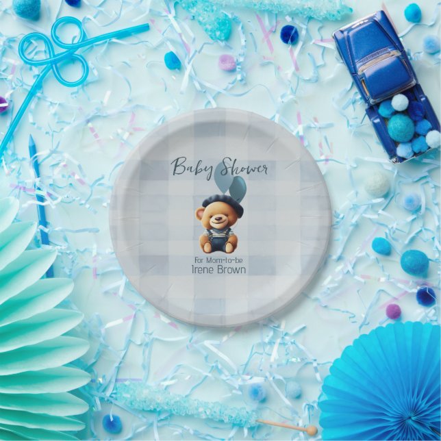 Assiettes En Carton Teddy Bear Jean Baby shower Bleu (Fête)