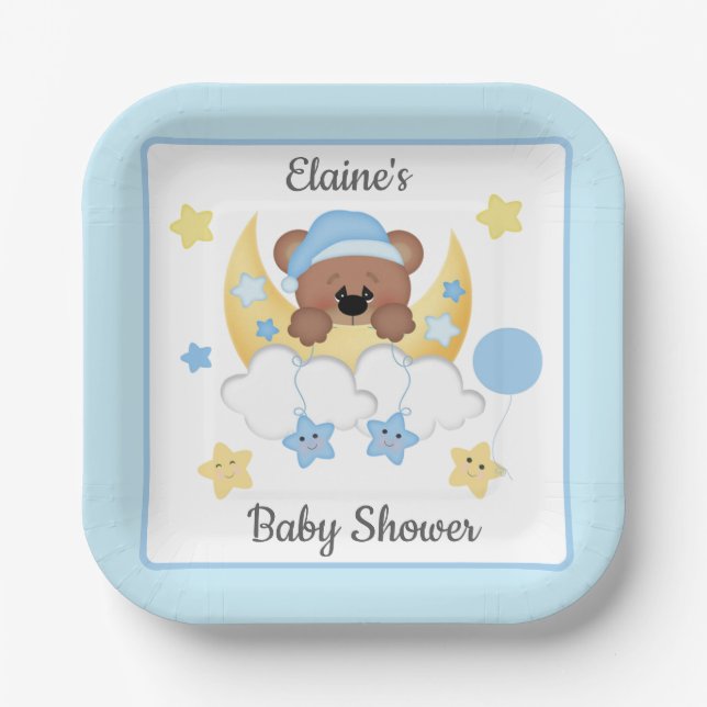 Assiettes En Carton Teddy Bear Lune Nuages Stars Baby Boy Douche (Recto)