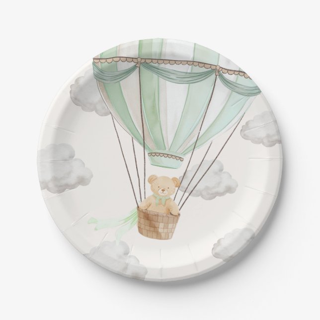 Assiettes En Carton Teddy Bear Mint Green Hot Air Balloon (Devant)