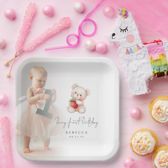 Assiettes En Carton Teddy Bear Photo Overlay Berry Premier anniversair (Fête)