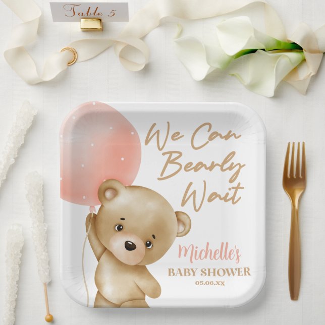 Assiettes En Carton Teddy Bear Pink Nous Pouvons Bearly Wait Baby show (Mariage)
