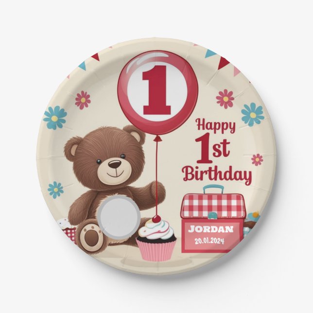 Assiettes En Carton Teddy Bear Pique-nique Joyeux 1er Anniversaire Pla (Devant)